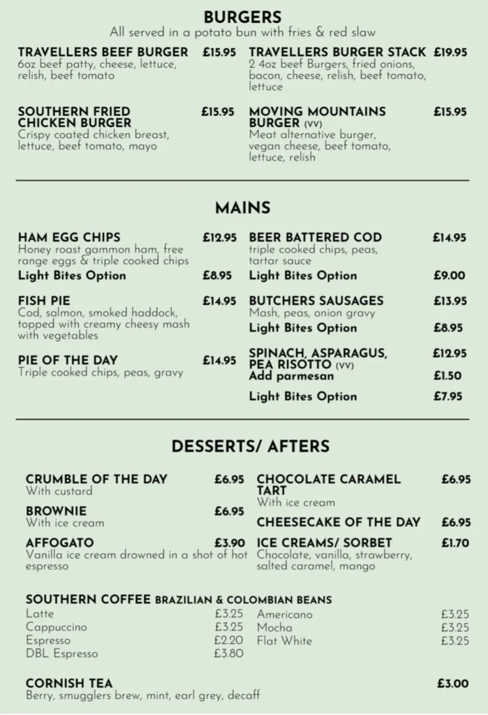 The Traveller's Joy Menu