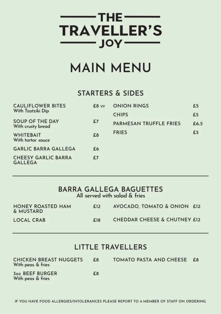 Travellers Joy Isle of Wight Menu