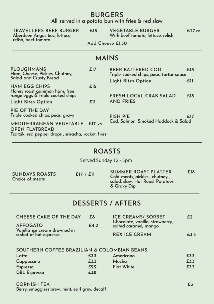 Travellers Joy Isle of Wight Menu